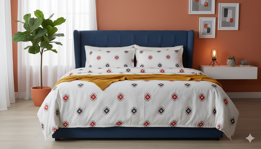 ThreadLoom Home Geometric Diamond Pattern Cotton Bedsheet Set | King Size 108x108 inches | 300 Thread Count, White with Red and Black Print | 2 Pillow Covers