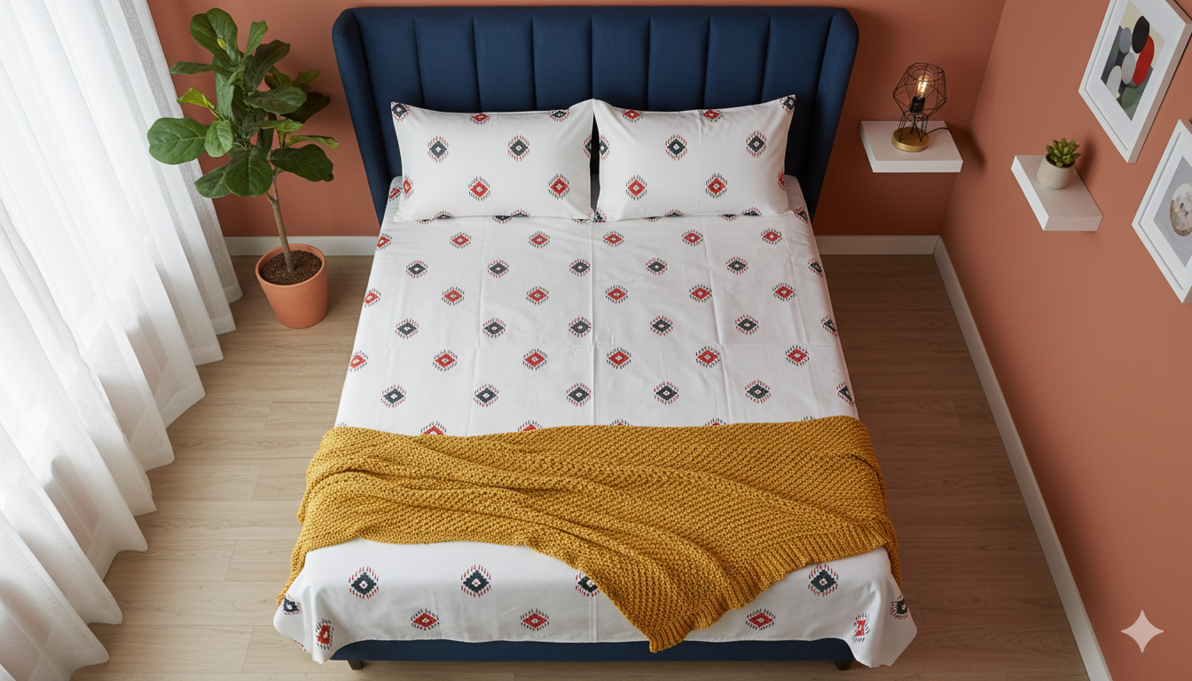 ThreadLoom Home Geometric 100% Cotton Bedsheet Set | 300 TC King Size 108*108 inches | 2 Pillow covers