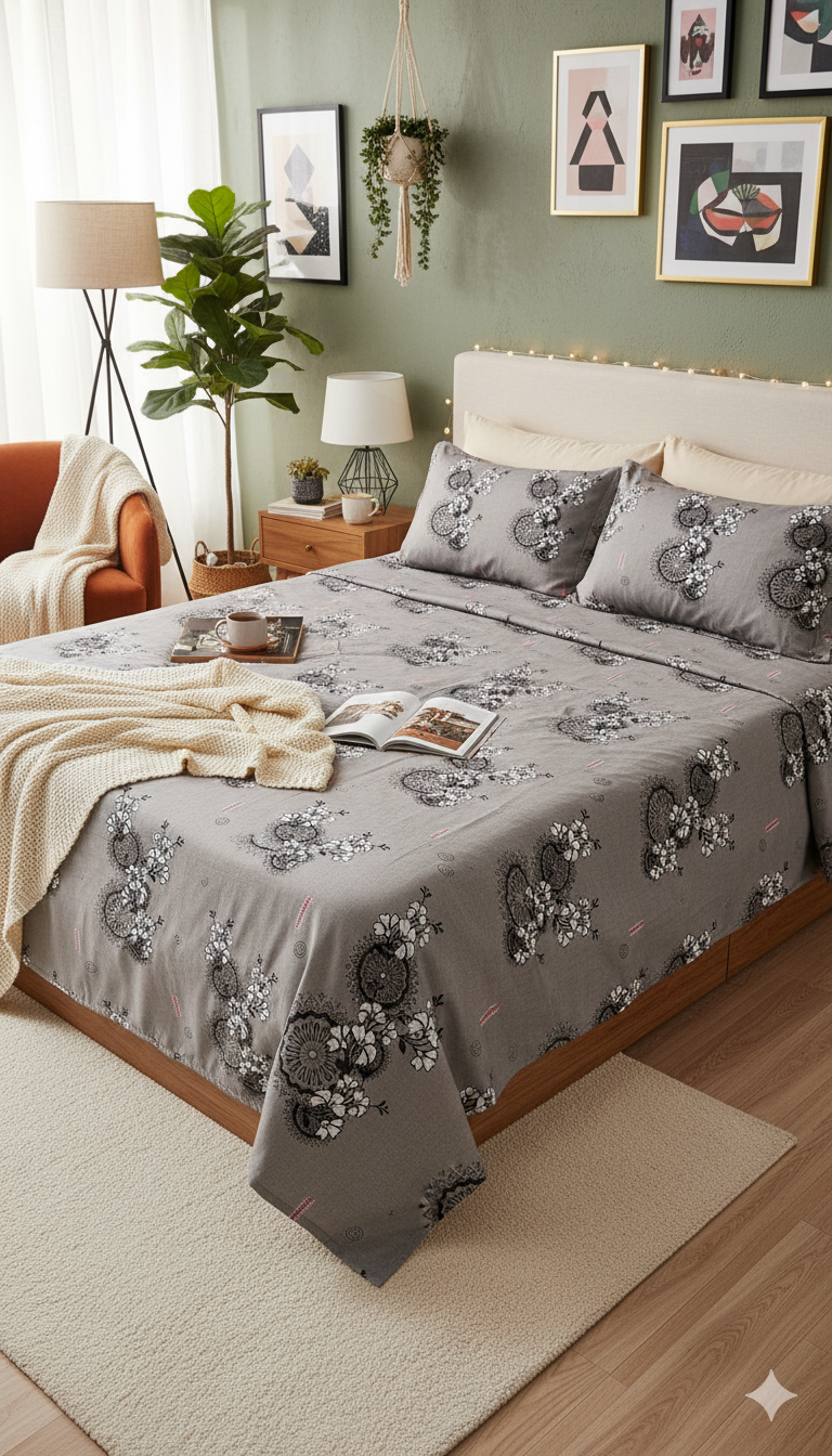 ThreadLoom Home King Size Bedsheet Set, 100% Cotton 180 TC, Grey & Sage Green Floral Medallion Print, Soft Breathable Bedding
