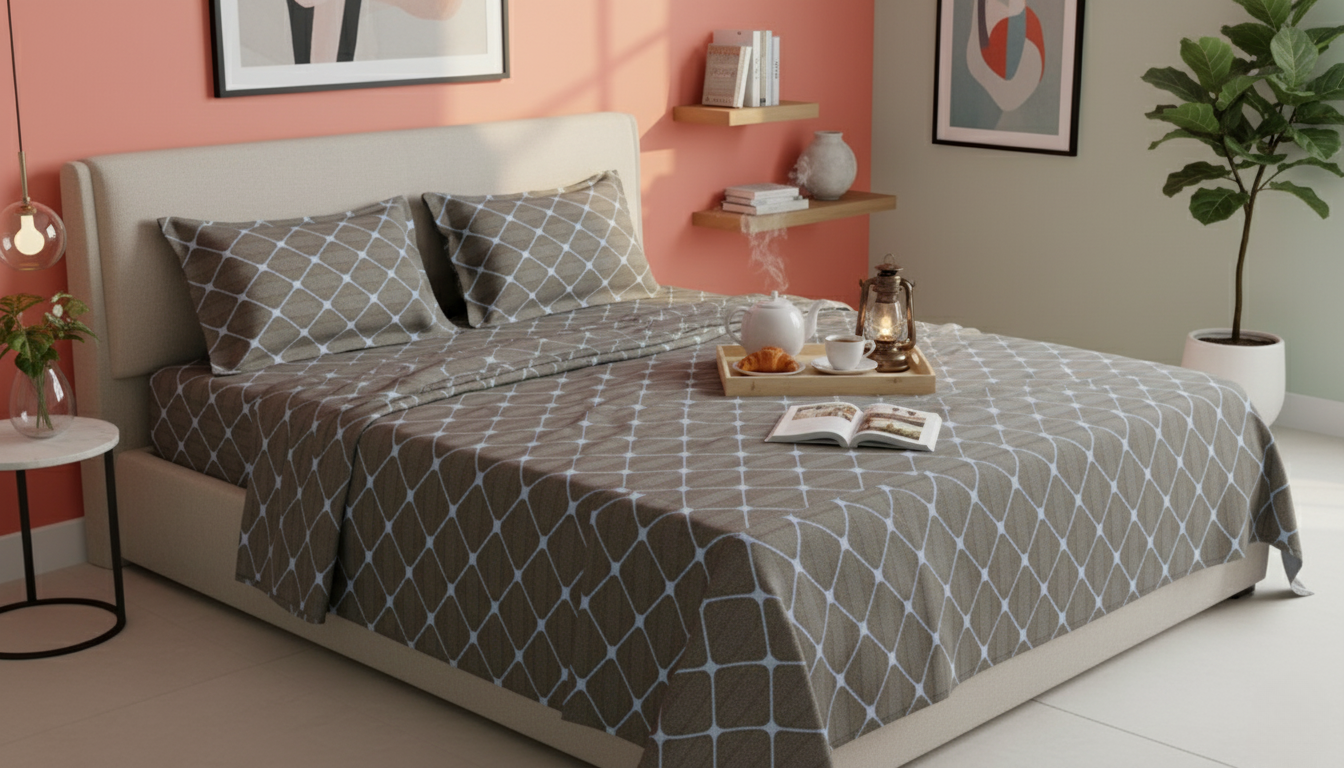 ThreadLoom Home Trellis Pattern 100% Cotton Bedsheet Set | 210 TC King Size 108*108 inches | 2 Pillow Covers