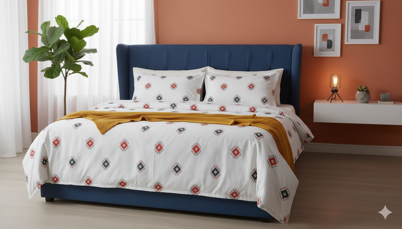 ThreadLoom Home Geometric 100% Cotton Bedsheet Set | 300 TC King Size 108*108 inches | 2 Pillow covers