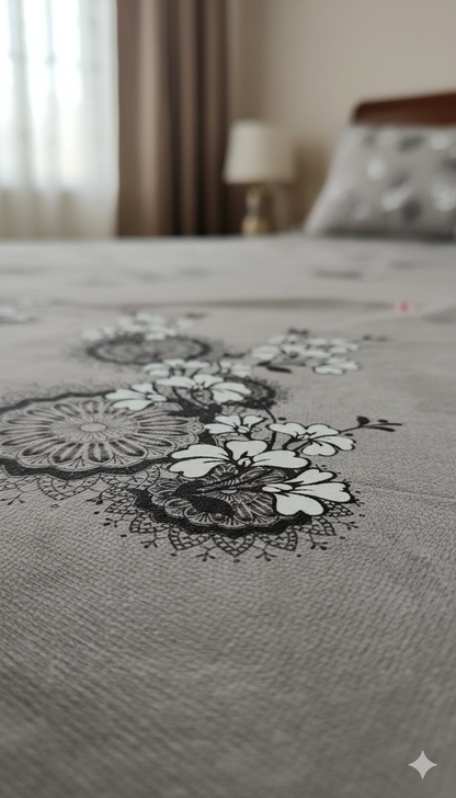 ThreadLoom Home King Size Bedsheet Set, 100% Cotton 180 TC, Grey & Sage Green Floral Medallion Print, Soft Breathable Bedding