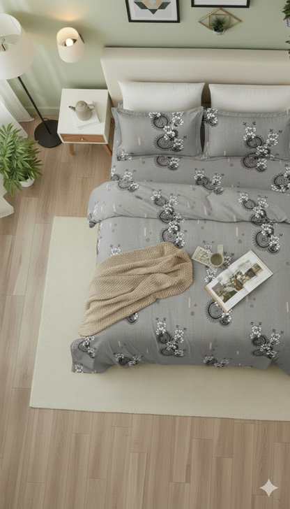ThreadLoom Home King Size Bedsheet Set, 100% Cotton 180 TC, Grey & Sage Green Floral Medallion Print, Soft Breathable Bedding