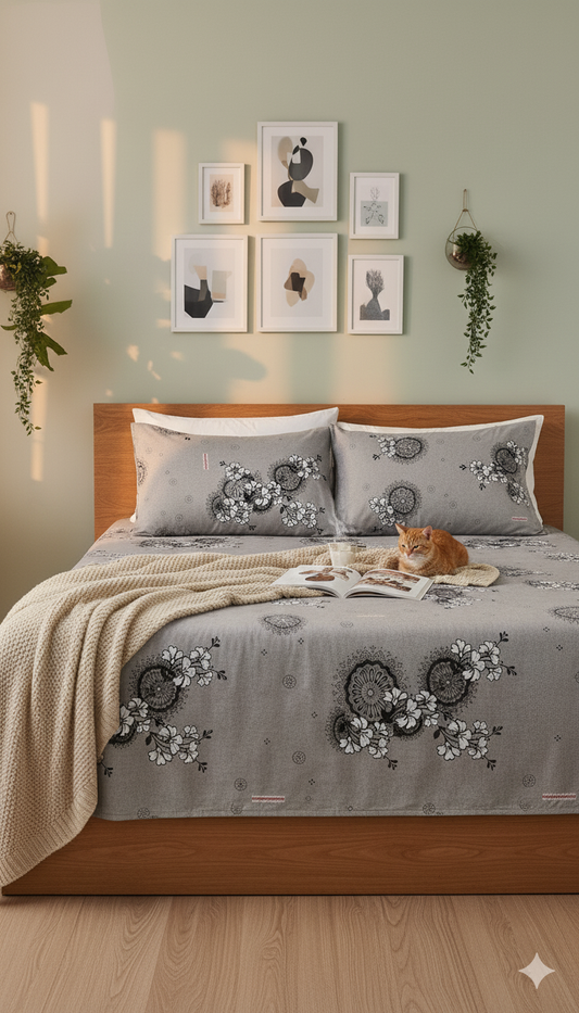 ThreadLoom Home King Size Bedsheet Set, 100% Cotton 180 TC, Grey & Sage Green Floral Medallion Print, Soft Breathable Bedding