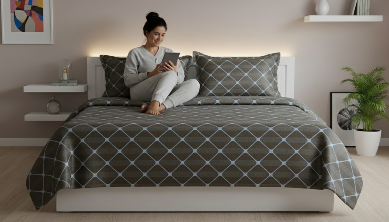 ThreadLoom Home Trellis Pattern 100% Cotton Bedsheet Set | 210 TC King Size 108*108 inches | 2 Pillow Covers