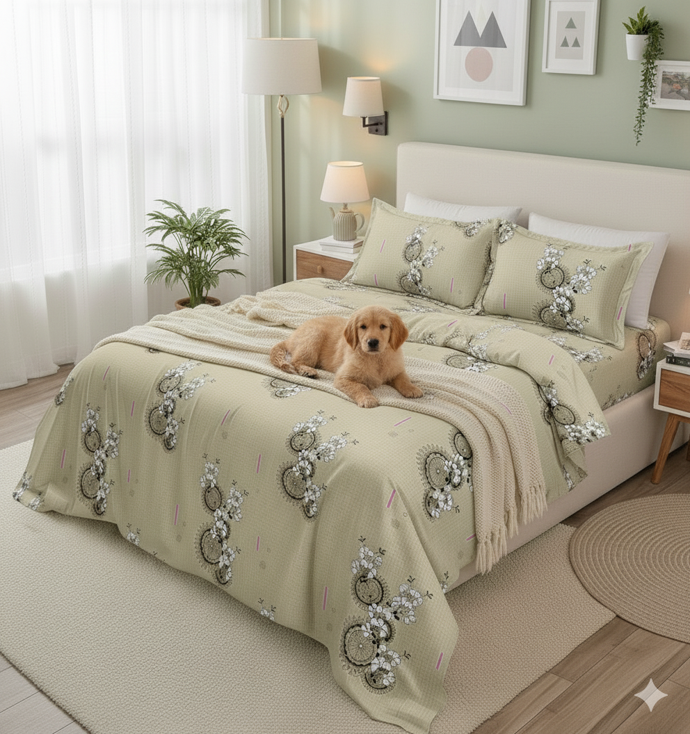 ThreadLoom Home King Size Bedsheet Set, 100% Cotton 180 TC, Grey & Sage Green Floral Medallion Print, Soft Breathable Bedding
