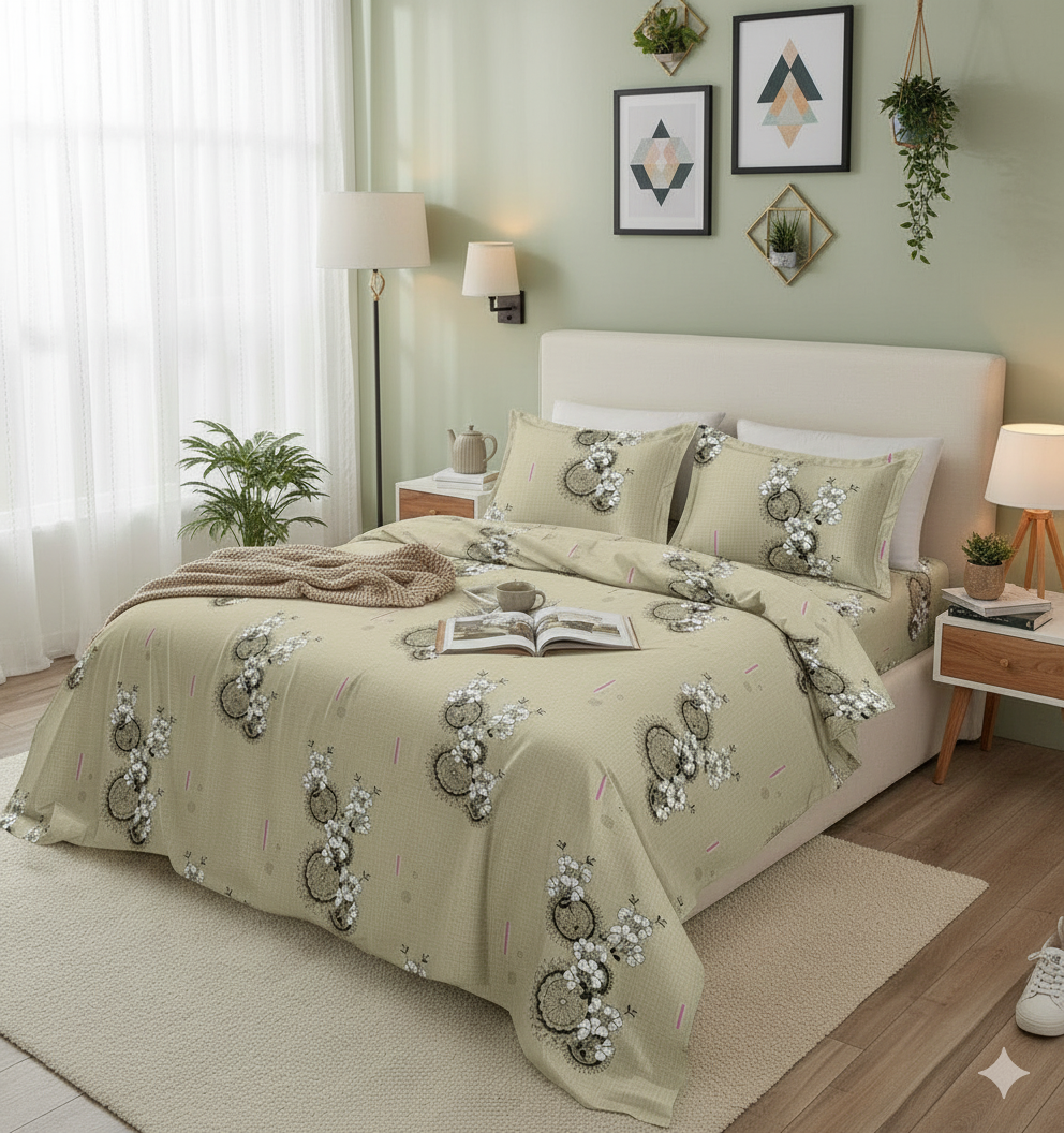 ThreadLoom Home King Size Bedsheet Set, 100% Cotton 180 TC, Grey & Sage Green Floral Medallion Print, Soft Breathable Bedding