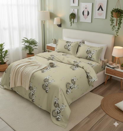 ThreadLoom Home King Size Bedsheet Set, 100% Cotton 180 TC, Grey & Sage Green Floral Medallion Print, Soft Breathable Bedding