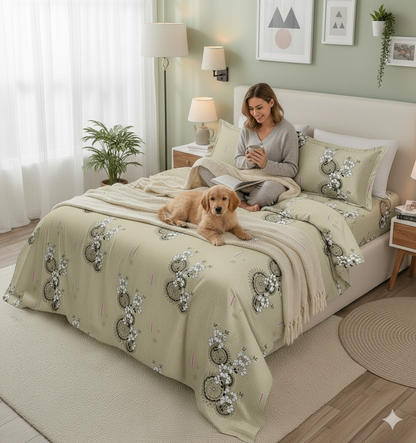 ThreadLoom Home King Size Bedsheet Set, 100% Cotton 180 TC, Grey & Sage Green Floral Medallion Print, Soft Breathable Bedding