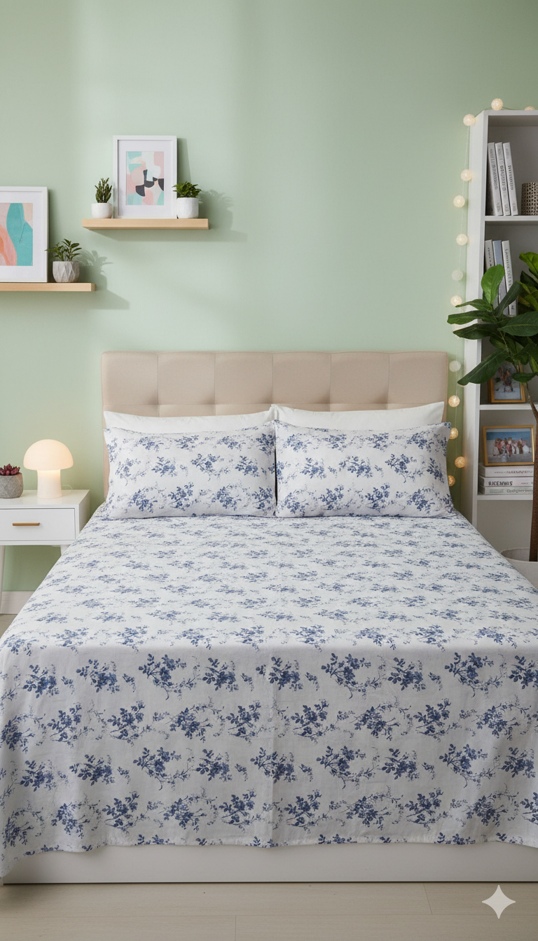 ThreadLoom Home | 180 TC Floral Cotton King Size Bedsheet Set (108x108 inches)