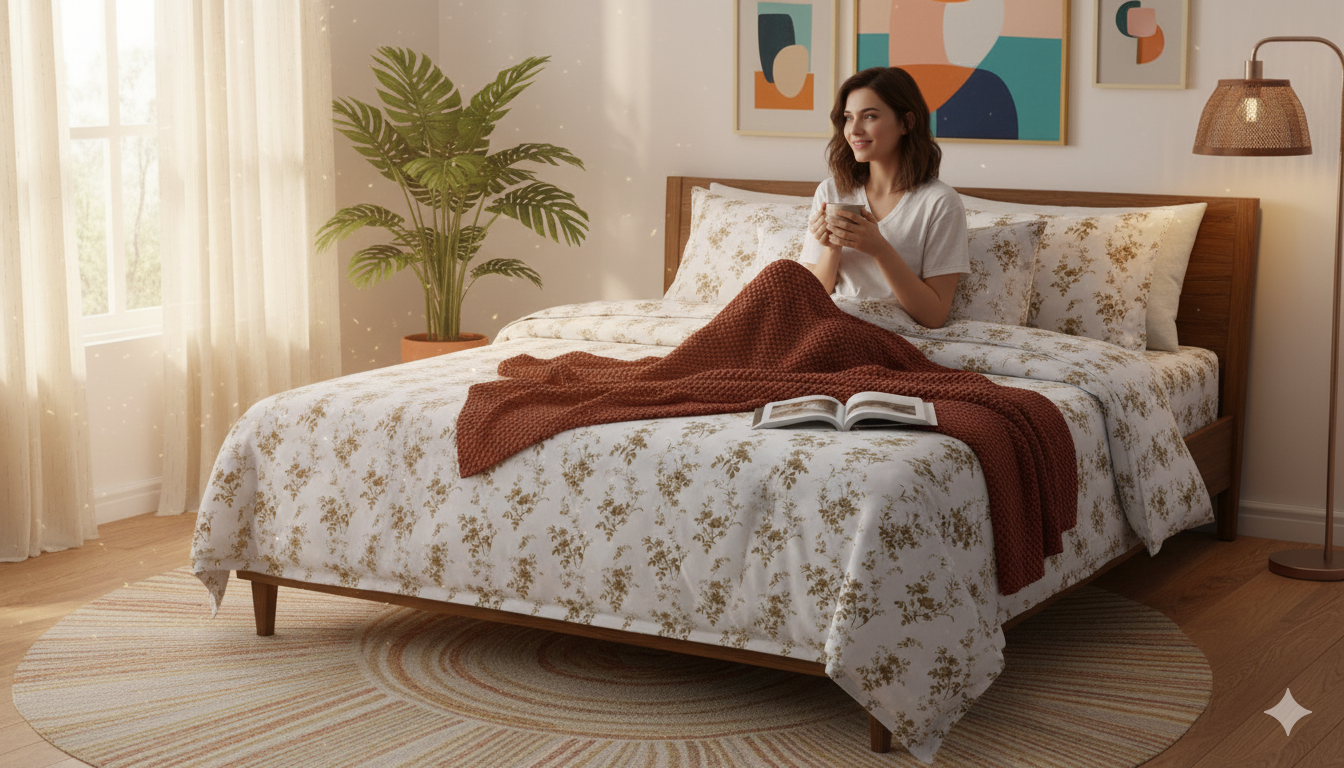 ThreadLoom Home | 180 TC Floral Cotton King Size Bedsheet Set (108x108 inches)
