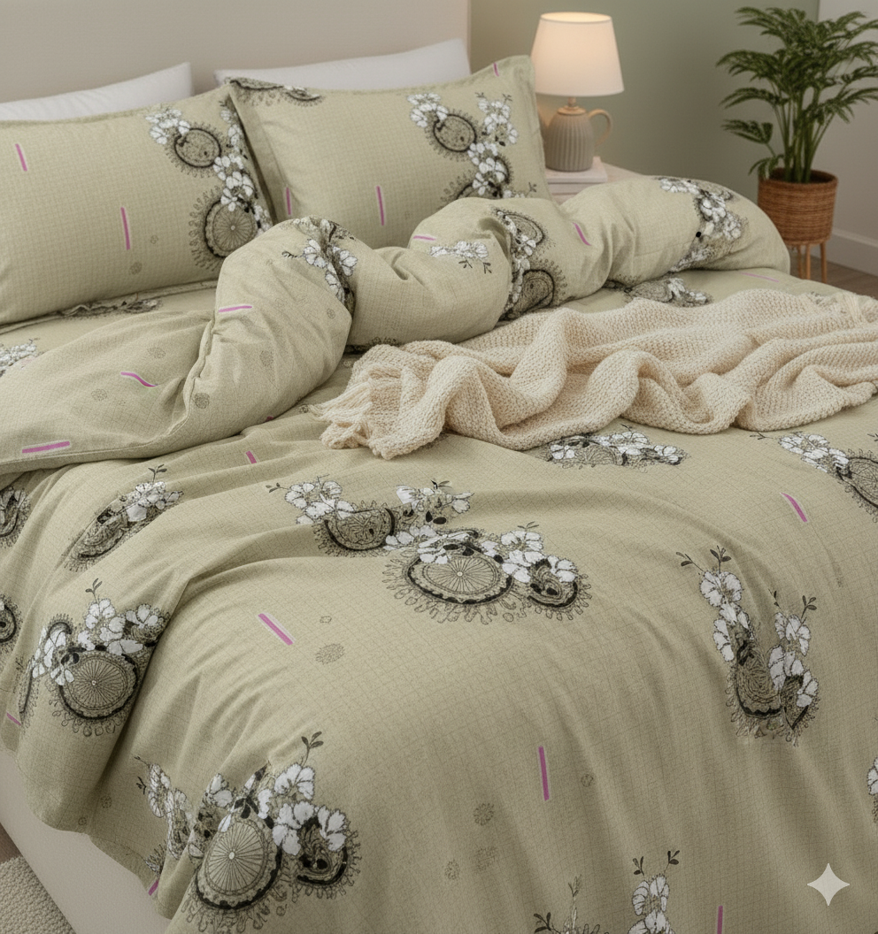 ThreadLoom Home King Size Bedsheet Set, 100% Cotton 180 TC, Grey & Sage Green Floral Medallion Print, Soft Breathable Bedding