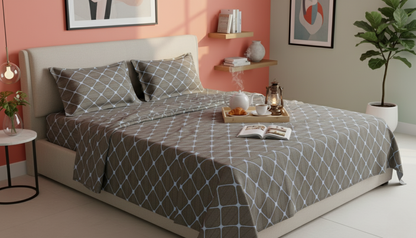 ThreadLoom Home Trellis Pattern 100% Cotton Bedsheet Set | 210 TC King Size 108*108 inches | 2 Pillow Covers