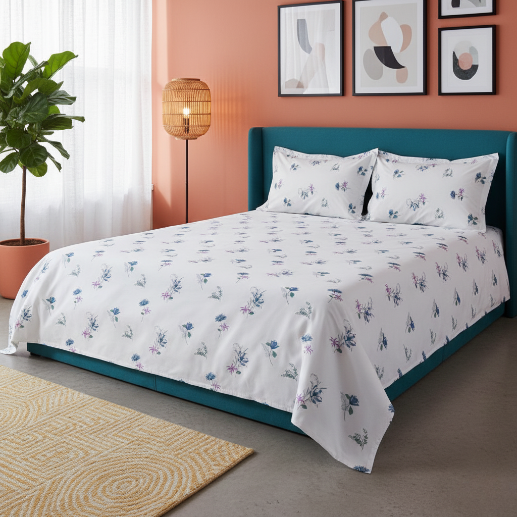 ThreadLoom Home Dream Collection | Floral 100% Cotton King Size Bedsheet Set with 2 Pillow Covers